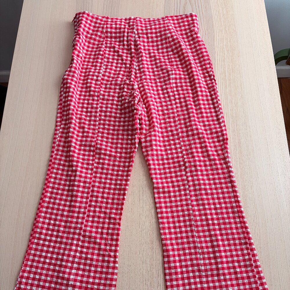 Ganni Stretch Seersucker Cropped Pink Gingham Pants - Picture 2 of 6